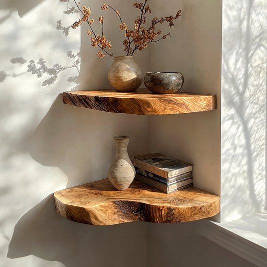 Wamoul Live Edge Corner Shelves Floating Wooden Shelves